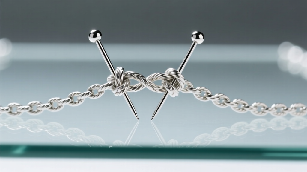 Close-up of two stainless steel straight pins gently working apart a tight knot in a 0.9mm sterling silver rope chain on glass.