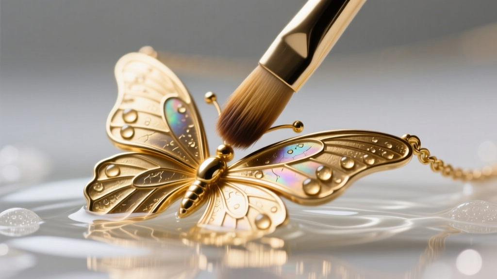 Close-up of a soft brush gently cleaning the crevices of a gold vermeil butterfly necklace wing submerged in mild soapy water.