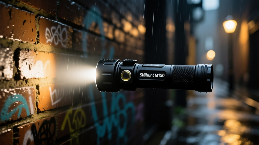 Close-up of a Skilhunt M150 tactical flashlight illuminating a dark alleyway brick wall with a focused 550-lumen beam.