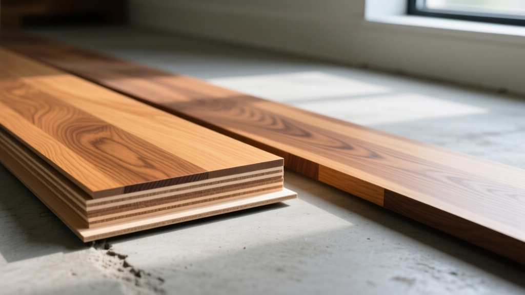 Close-up cross-section of engineered wood flooring showing the plywood core and oak veneer next to a solid hickory plank on a concrete subfloor