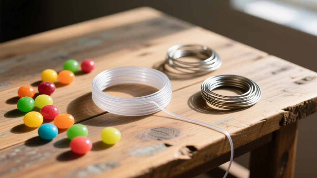 Flat lay of crafting supplies including 0.8mm clear elastic cord, hard candies, and 24-gauge floral wire on a wooden desk