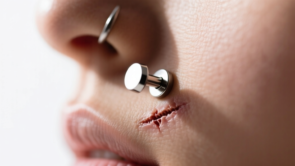 Profile of a healed cartilage piercing with a polished titanium labret stud against clean skin in soft natural window light.