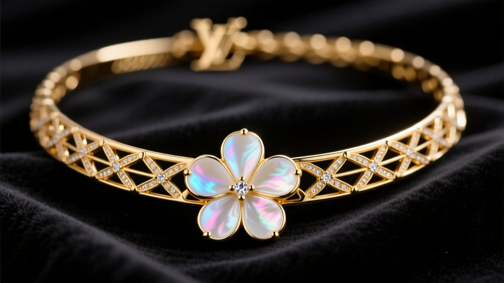 Close-up of an 18k yellow gold LV Floragram necklace with a white mother-of-pearl floral inlay resting on dark velvet.