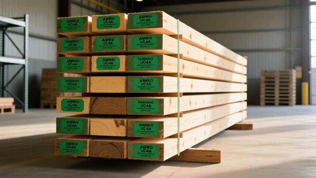 Stacked pressure-treated Southern Yellow Pine lumber showing green AWPA UC4A ground contact end-tags at a commercial supply yard