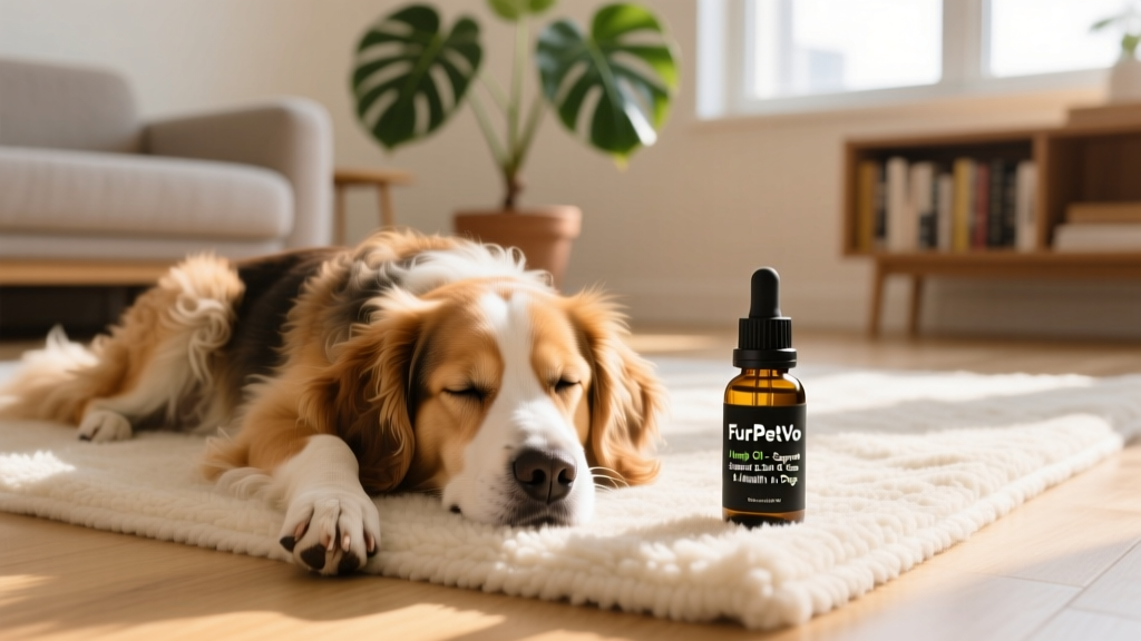 A calm, relaxed dog resting on a soft rug, with a small bottle of FurPetVo hemp oil supplement nearby