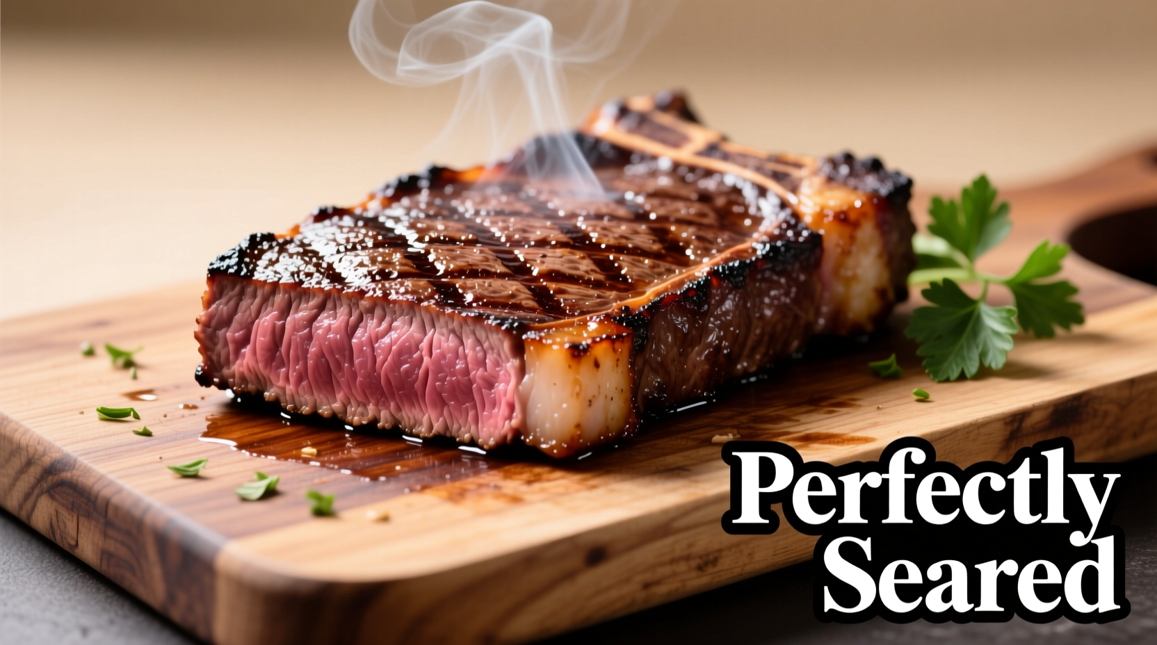 Perfectly seared flap steak on cutting board