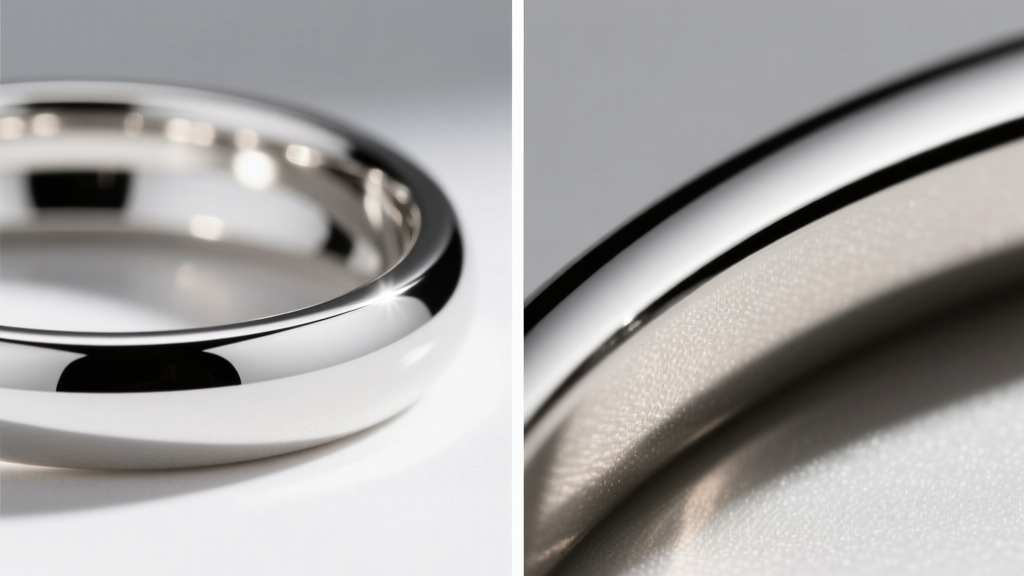 Split-screen macro shot comparing the mirror-like reflection of rhodium-plated white gold against the soft luster of platinum.