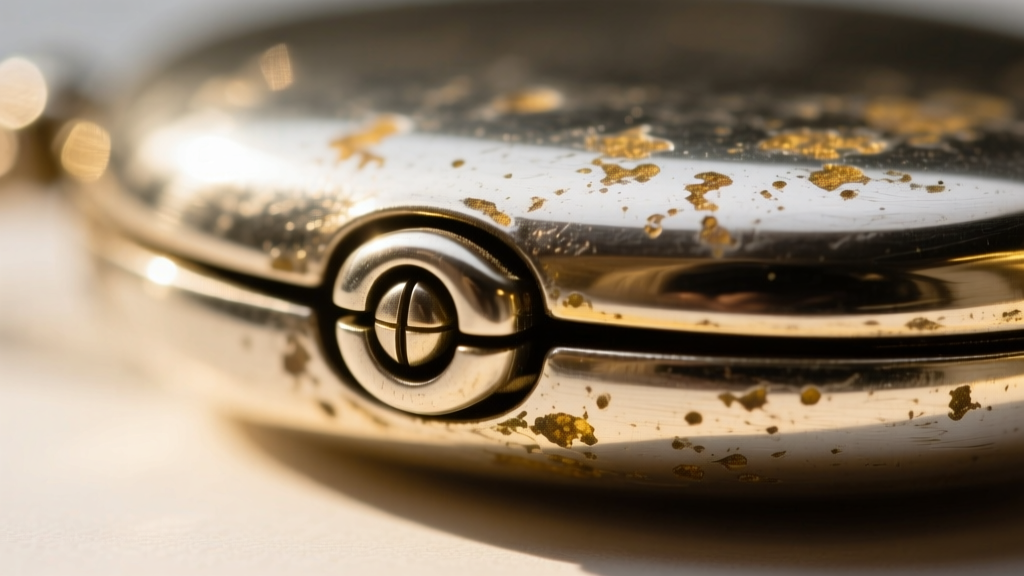Close-up of a silver locket friction pin hinge with visible tarnish, lit by directional light for technical jewelry analysis.