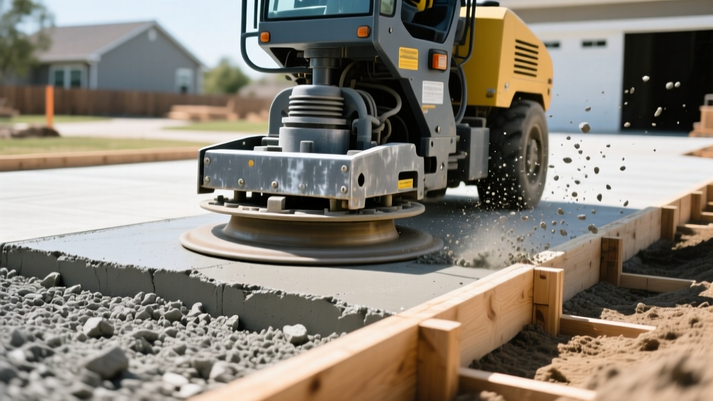 Vibratory plate compactor smoothing a freshly laid crushed concrete base layer next to wooden driveway forms in bright daylight