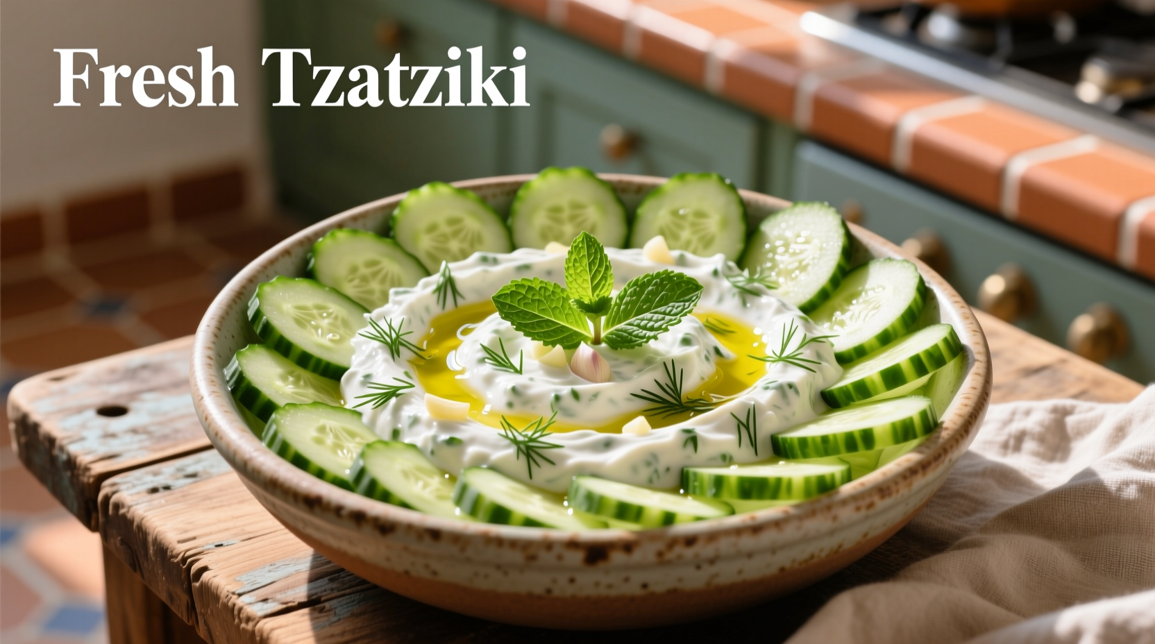 Fresh tzatziki dip in bowl with cucumber slices
