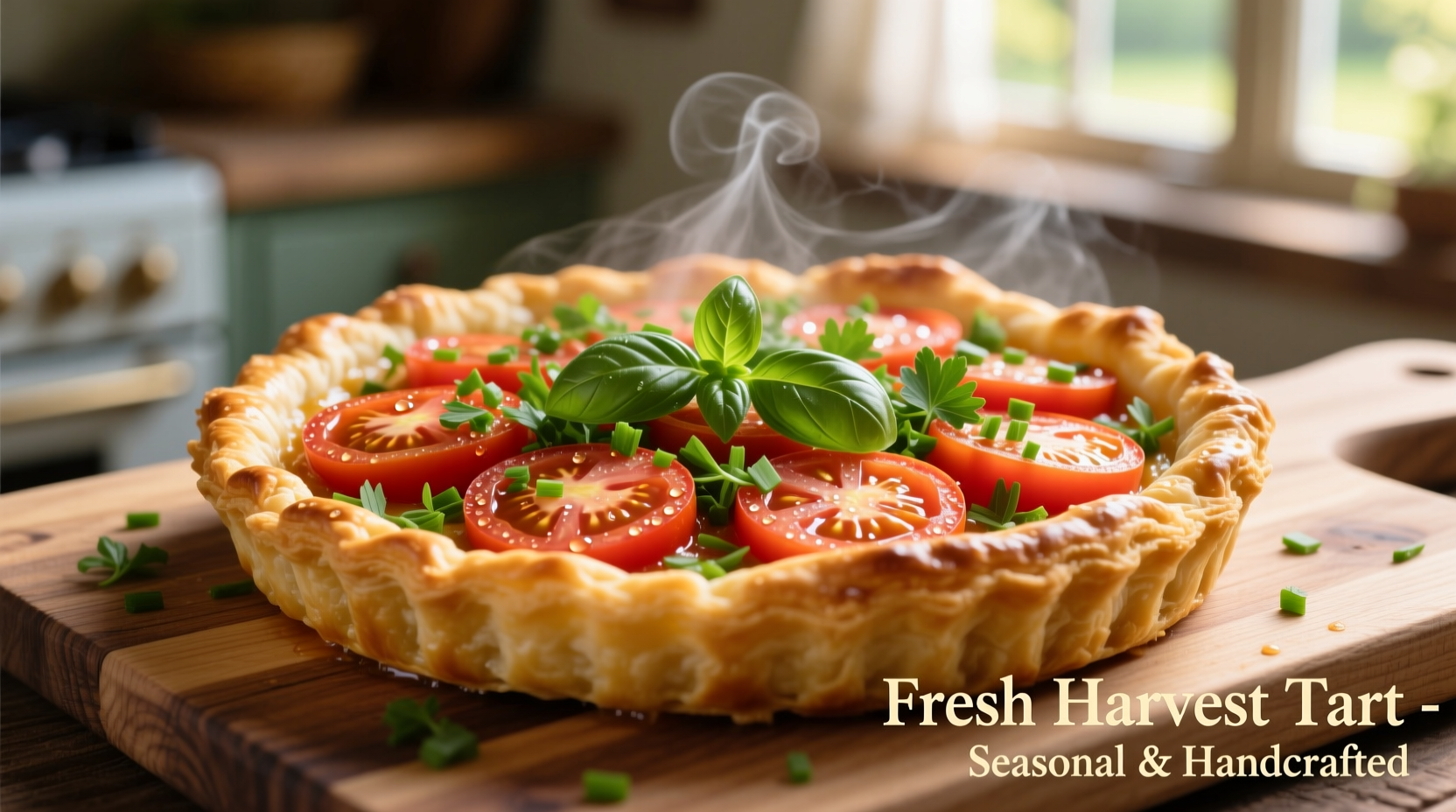 Golden tomato puff pastry tart with fresh herbs