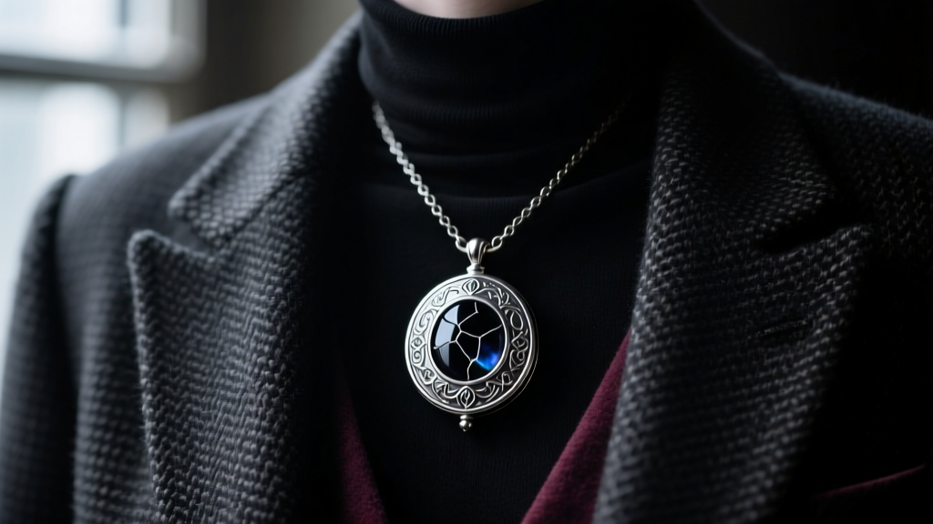 Silver horcrux locket layered over a black turtleneck and tweed blazer, highlighting dark academia style in moody, dim lighting.