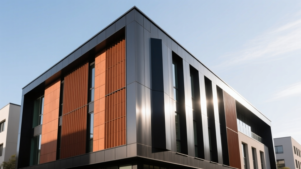 Modern commercial exterior featuring mixed-material facade with terracotta rainscreen panels and dark zinc standing seam cladding