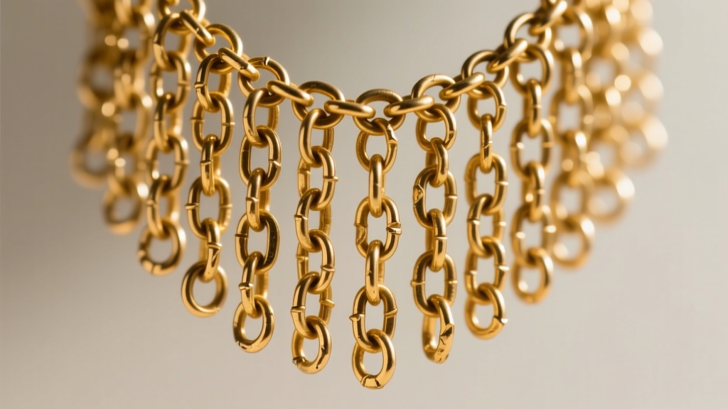 Macro photography of 24-gauge vintage gold chain links forming a tassel fringe, highlighting hand-soldered jump rings.