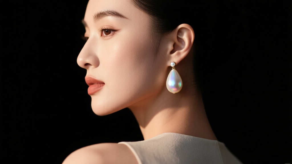 Side profile of a woman wearing a large teardrop pearl earring, lit by soft directional light against a dark background.
