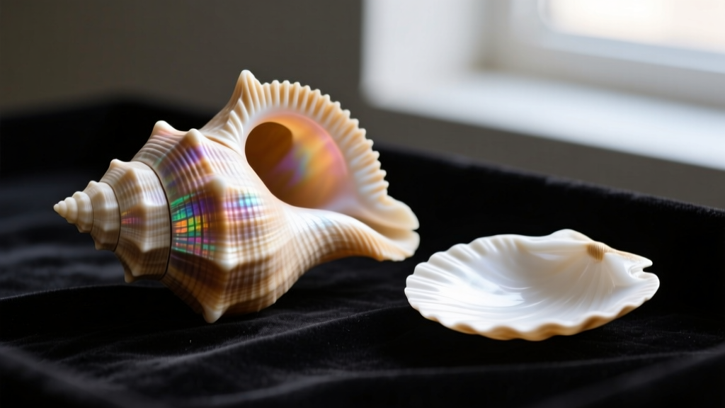 Macro close-up of a genuine convex pucca shell with a natural hole beside a flat machine-cut imitation shell on dark velvet