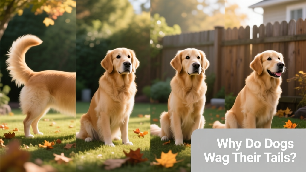 Side-by-side comparison showing different tail positions: high and stiff, neutral and relaxed, low and tucked, and mid-level with gentle wag