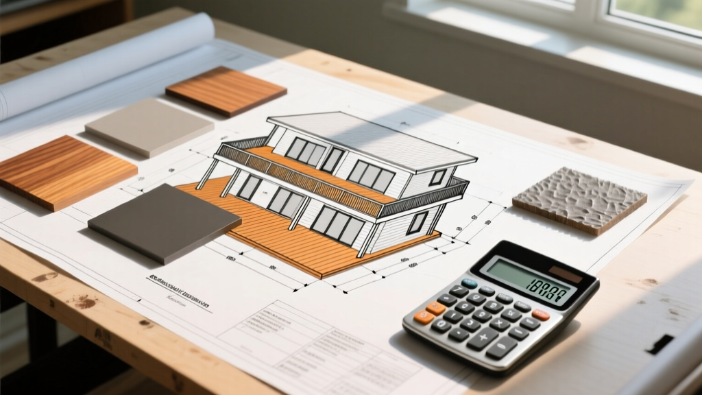 Architectural blueprint of a multi-level composite deck overlaid with material samples and a calculator on a sunlit drafting table