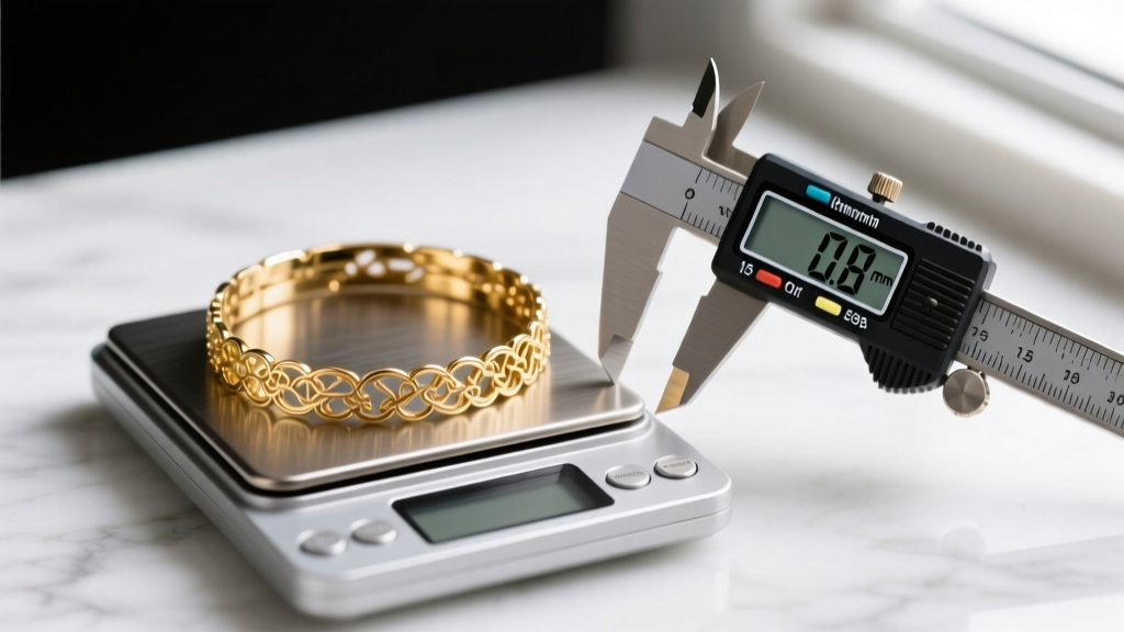 Macro photography of a jewelry scale weighing a 15-gram 18k gold collar necklace next to a digital caliper measuring its thickness