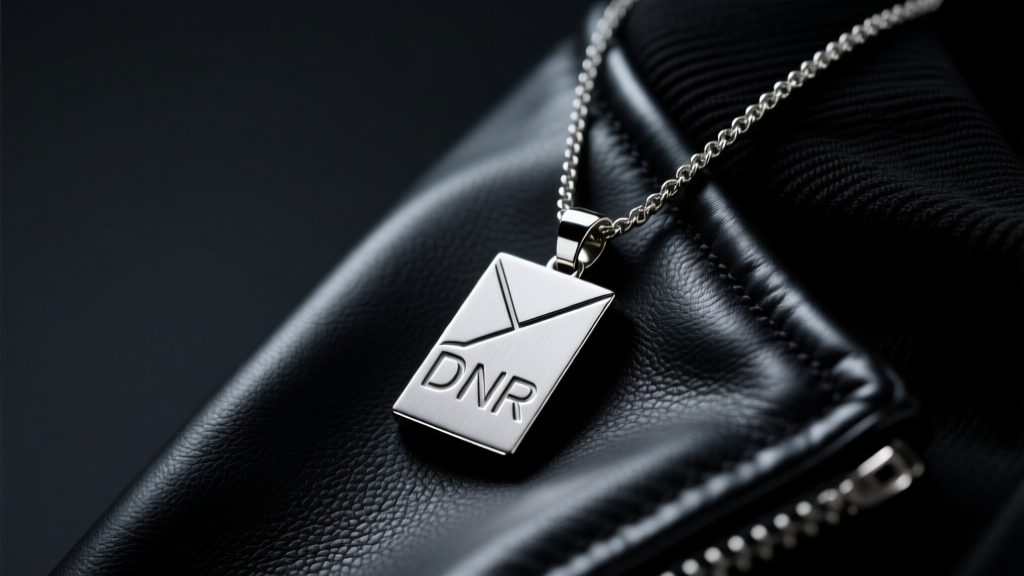 Close-up of a brushed 316L surgical steel DNR necklace pendant resting on a black leather techwear jacket, moody studio lighting