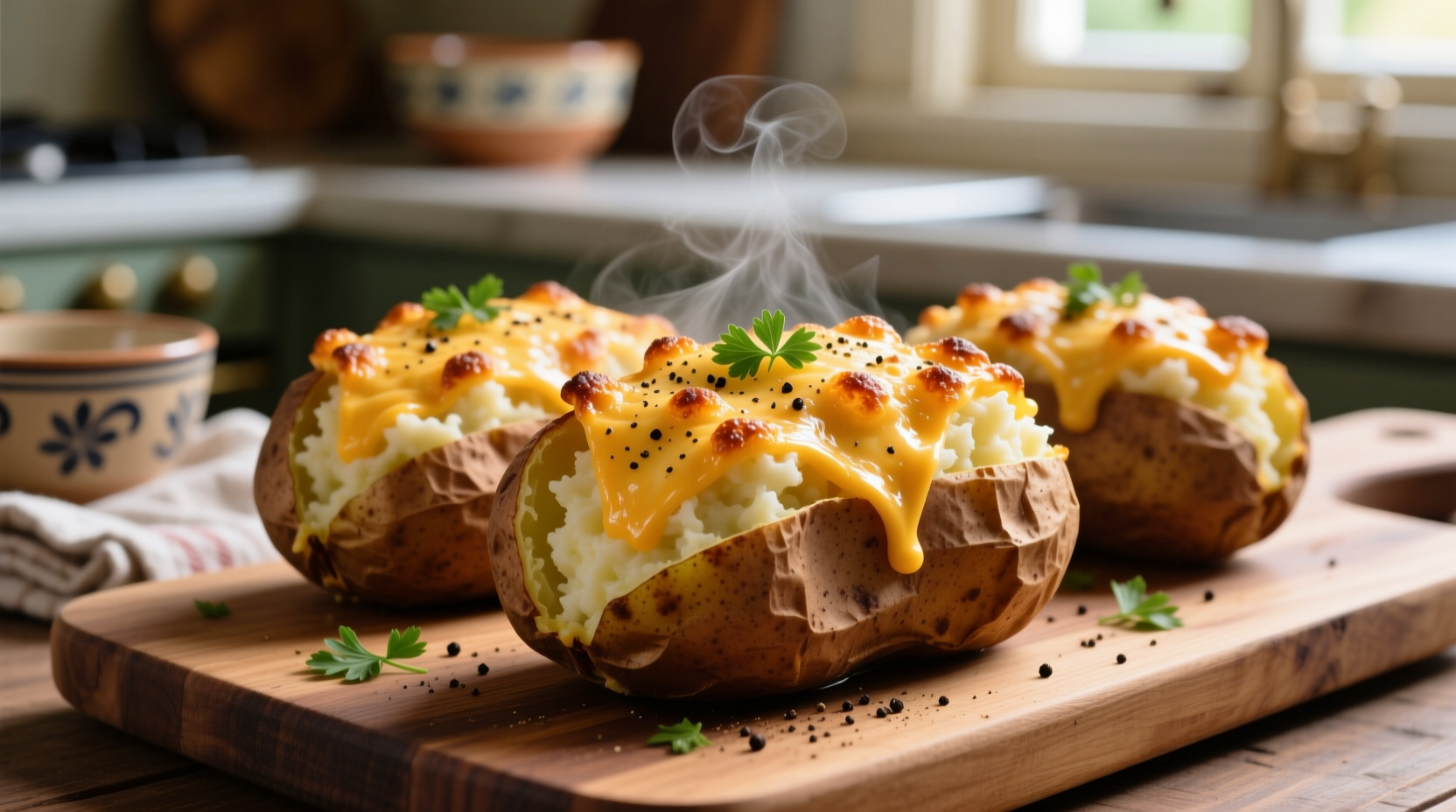 Golden brown twice baked potatoes with cheese topping