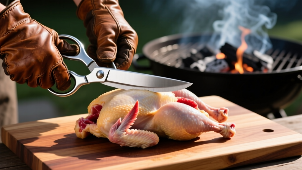Leather-gloved hands using heavy stainless steel poultry shears to spatchcock a chicken on a cedar board near a smoking charcoal grill