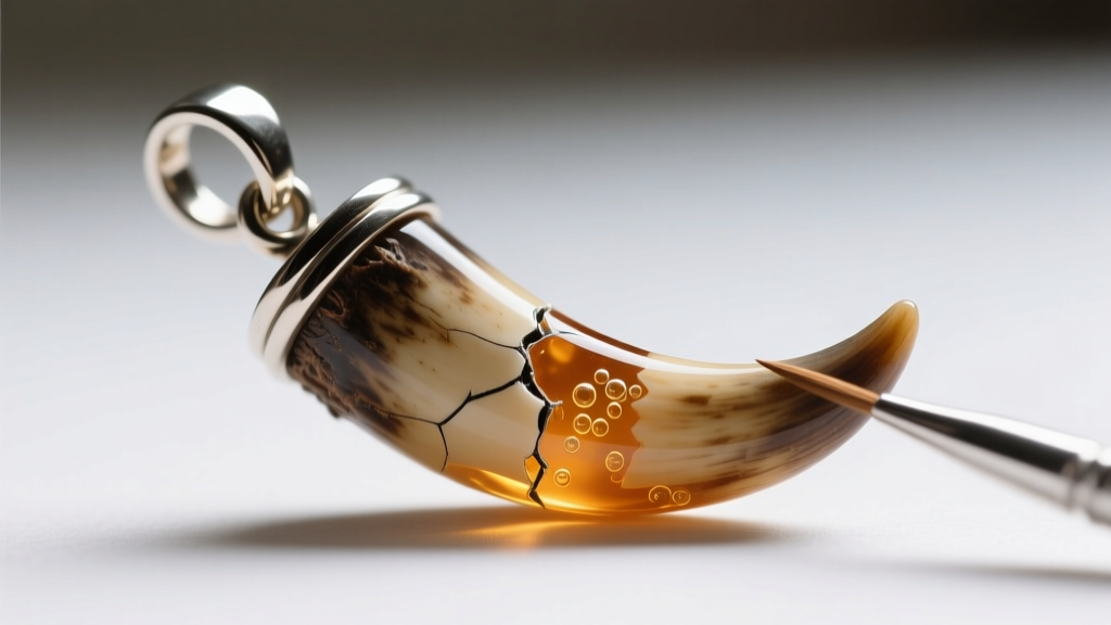 Macro shot of a cracked boar tusk pendant repaired with clear epoxy, showing a metal bail and applicator tip in sharp focus