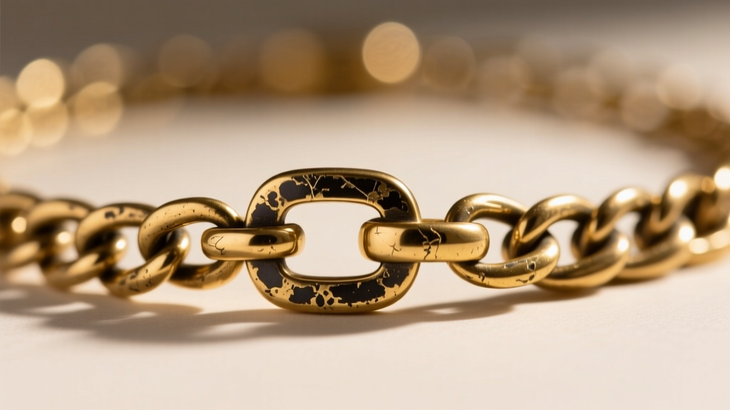 Worn gold-tone brass chain necklace showing microscopic plating wear at the clasp revealing darker oxidized base metal.