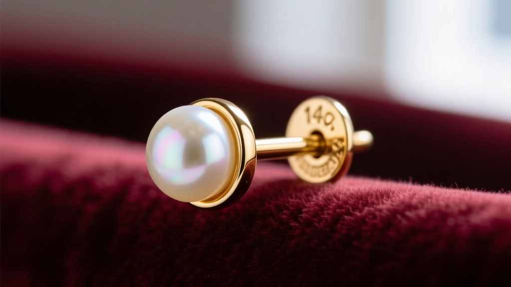 Macro shot of a 14k gold earring post secured by an 8mm white freshwater pearl friction back against a blurred velvet backdrop