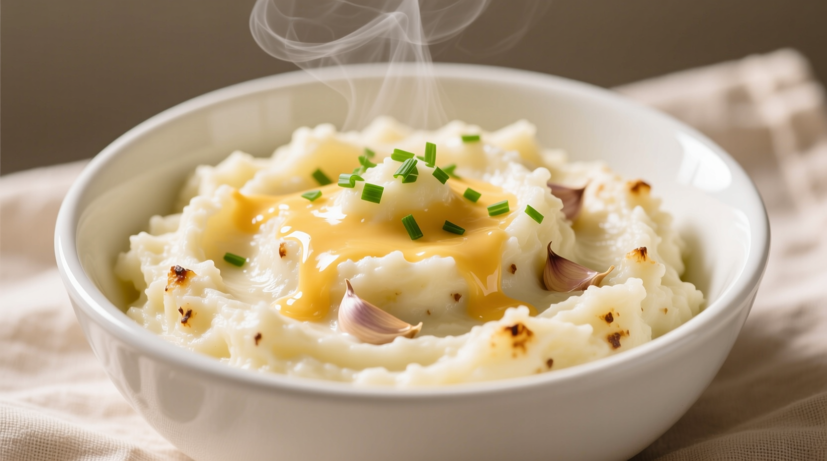 Creamy garlic cheese mashed potatoes in white bowl