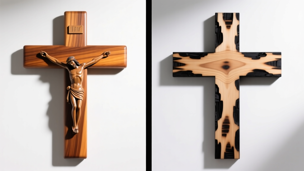 Side-by-side comparison of smooth hand-sanded walnut crucifix and rough laser-burned plywood cross under bright studio lighting.
