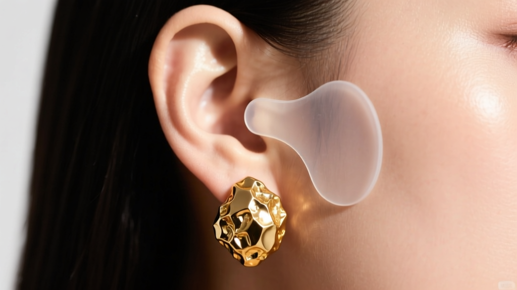 Clear silicone earring support patches applied to the back of an earlobe to securely hold a heavy gold nugget earring in place.