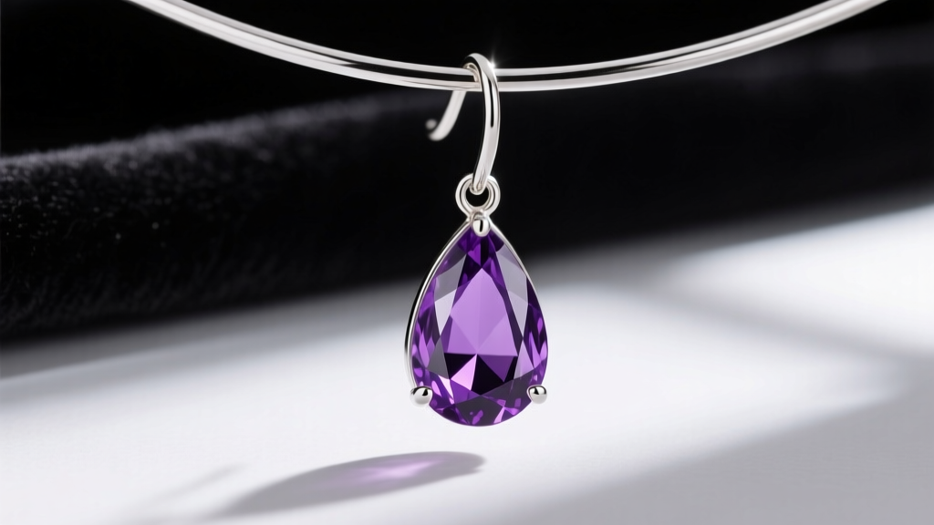 Heavy amethyst briolette dangle earring suspended from a thick sterling silver kidney wire, photographed against dark velvet.