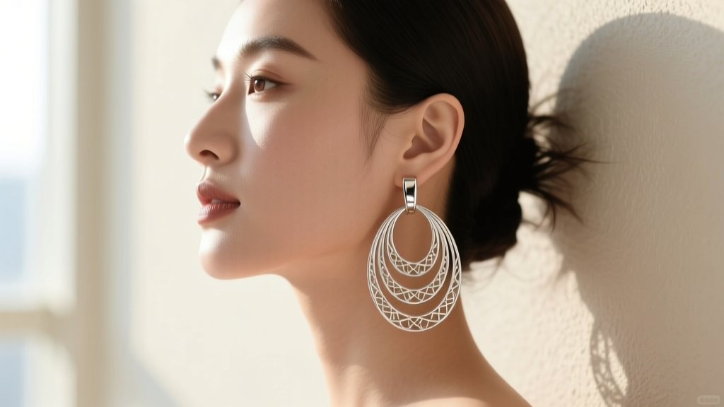 Side profile of a woman wearing elongated silver Kira multi hoop drops, showing how the vertical lines softly frame a round jawline