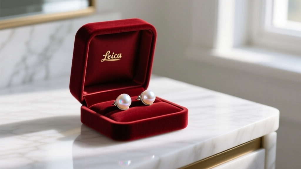 Open velvet box on a marble vanity revealing luminous 8mm white Akoya pearl stud earrings catching soft morning light