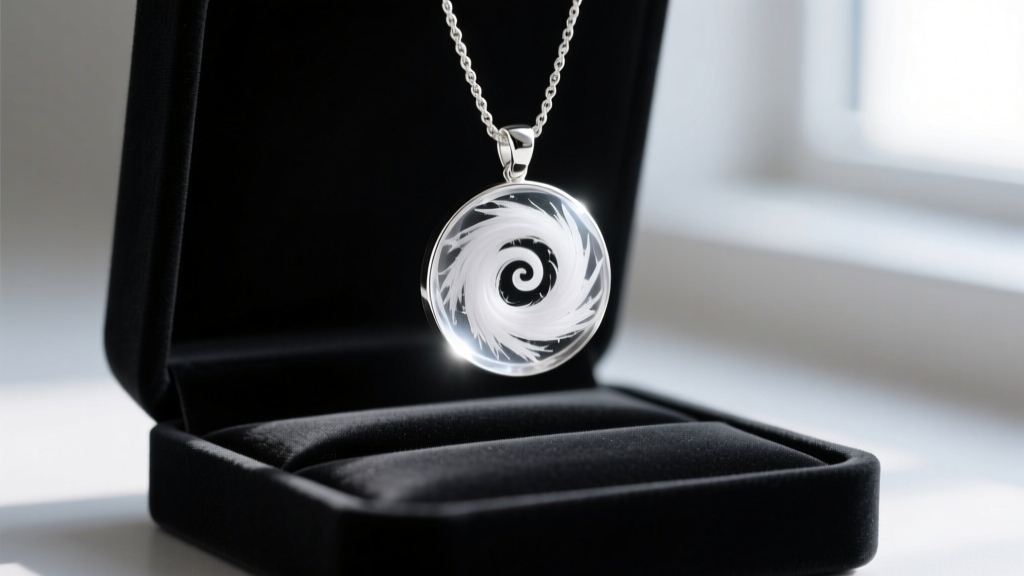 Elegant sterling silver pendant containing a swirl of white cremation ashes in clear resin, resting on a dark velvet jewelry box.