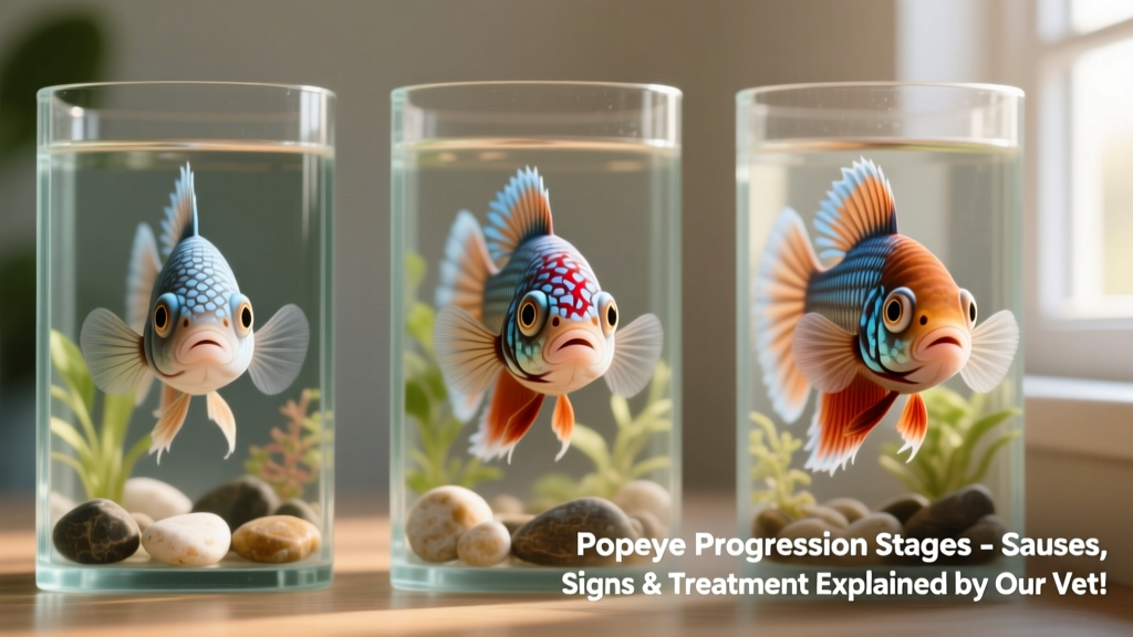 Side-by-side comparison showing stages of popeye progression in betta fish, from mild swelling to severe protrusion