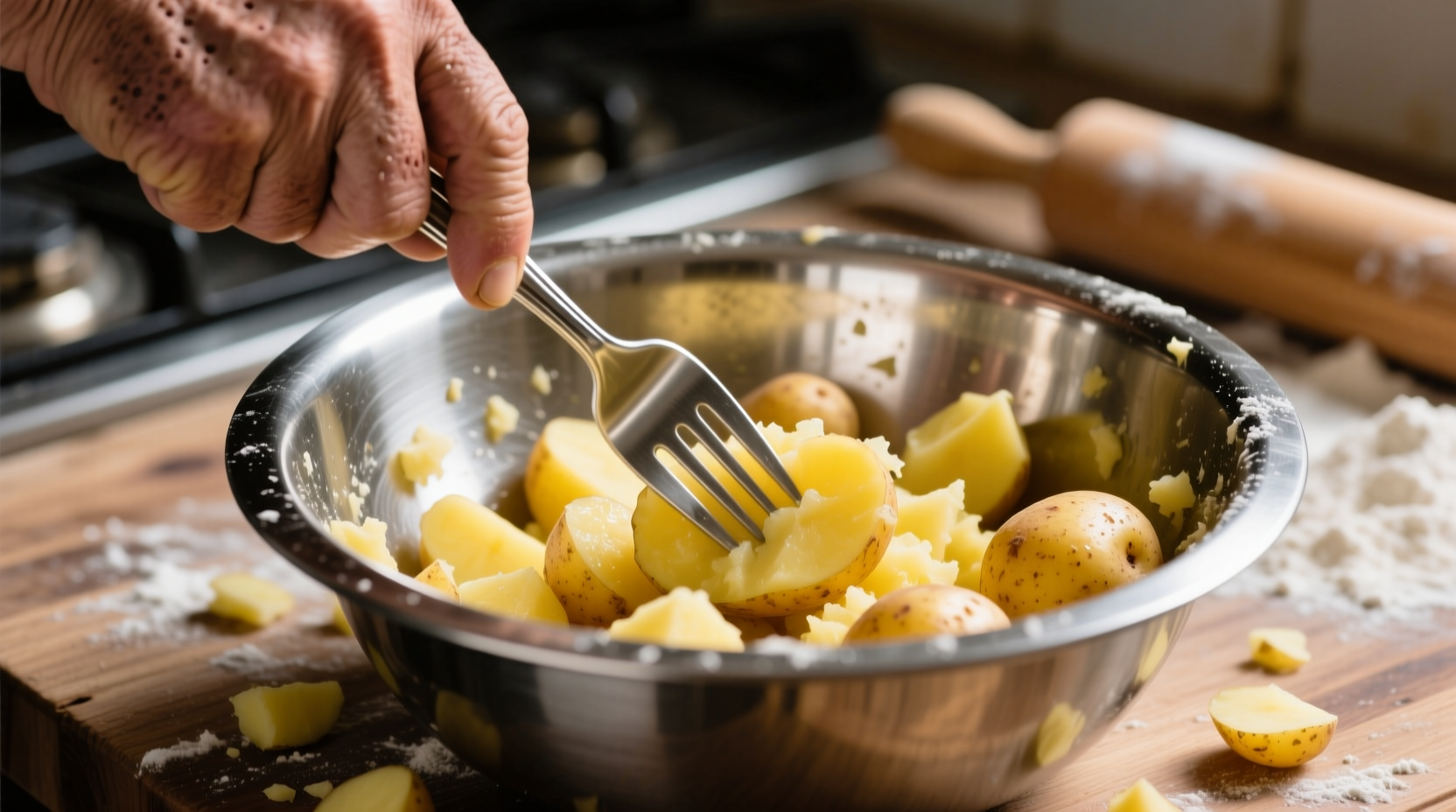 Hand mashing potatoes with fork in stainless steel bowl