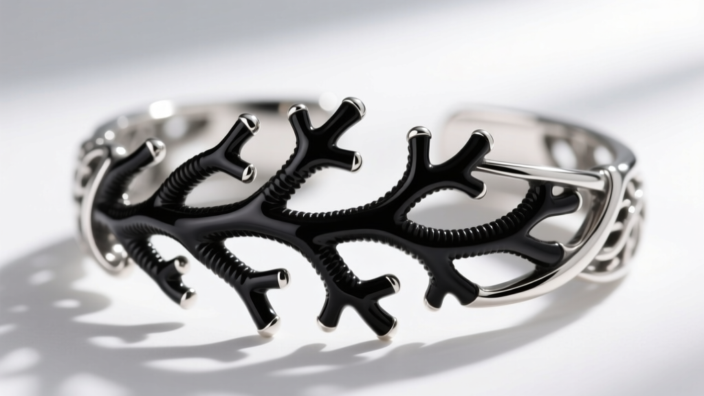 Macro photography of a Bernard Passman sterling silver bracelet featuring intricate carved black coral branches