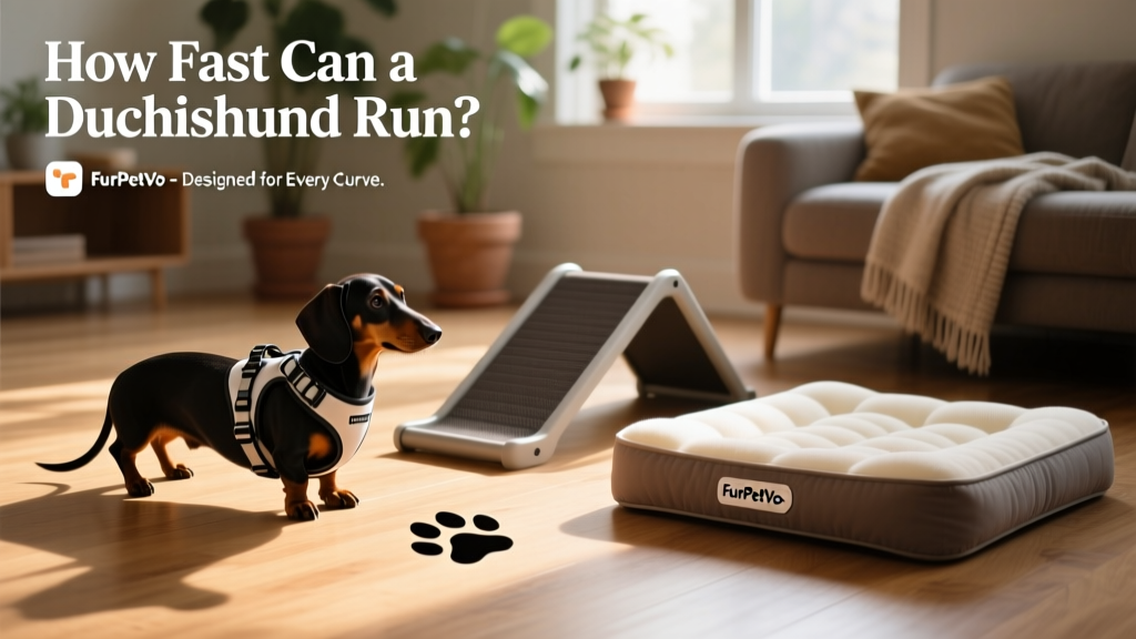 A selection of FurPetVo-branded dachshund gear: supportive harness, ramp, and orthopedic bed arranged neatly on hardwood floor