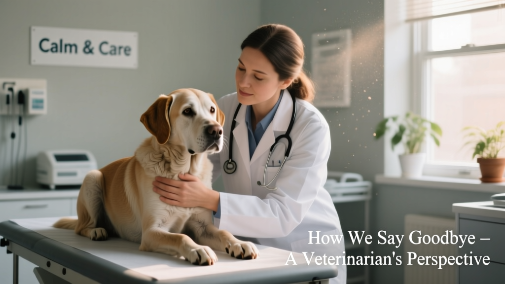 A compassionate veterinarian gently holding a calm, older dog in a quiet exam room