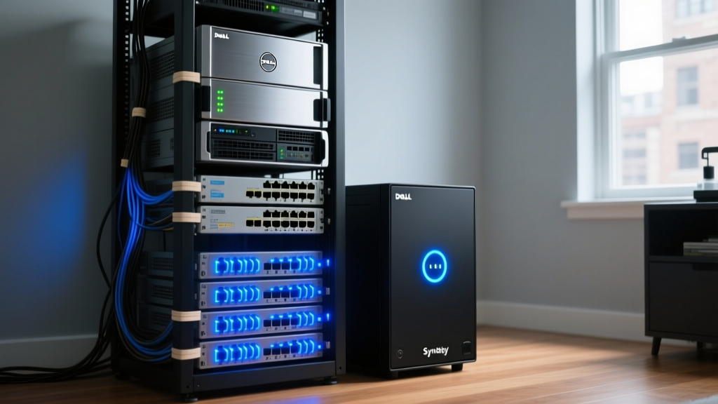 A dimly lit home lab server rack with glowing blue LED network switches, a Dell PowerEdge tower server, and a Synology NAS unit stacked neatly.