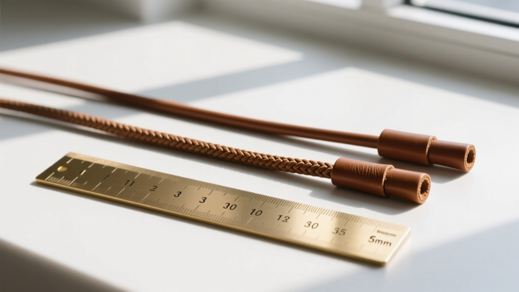 Three leather cords of 1mm, 3mm, and 5mm thicknesses laid parallel next to a brass ruler showing exact millimeter gauge sizes