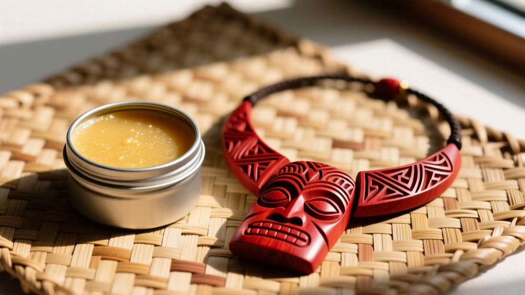 Natural beeswax conditioner tin next to a red carved wood Samoan tiki necklace resting on a rustic woven pandanus fiber mat