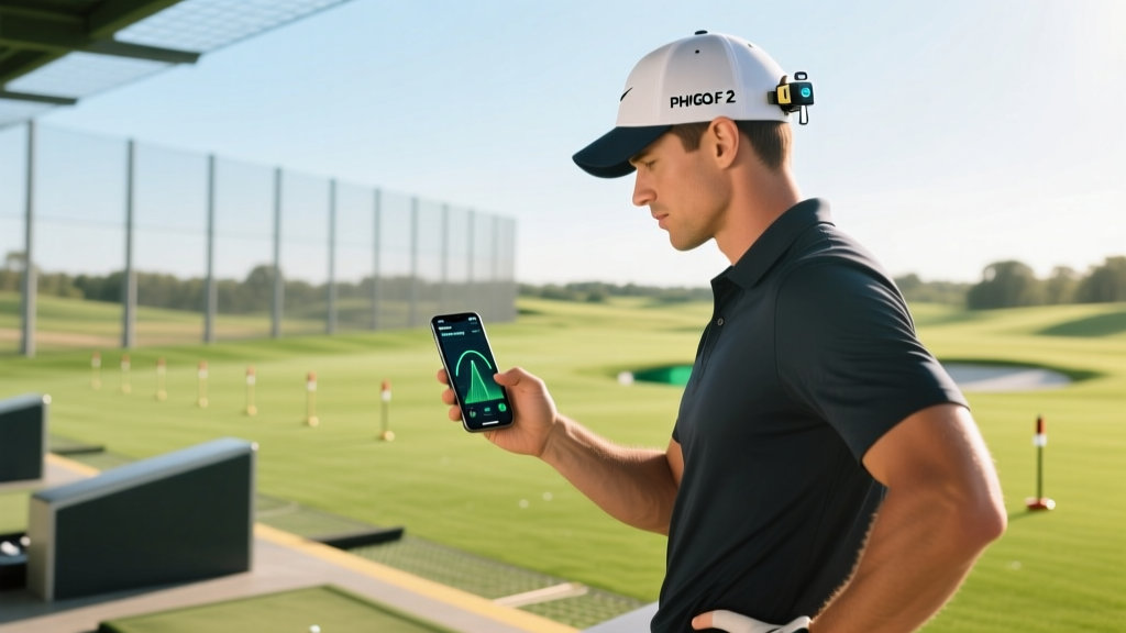 Golfer at a driving range reviewing swing path data on a smartphone with the tiny PHIGOLF 2 sensor clipped to his cap.