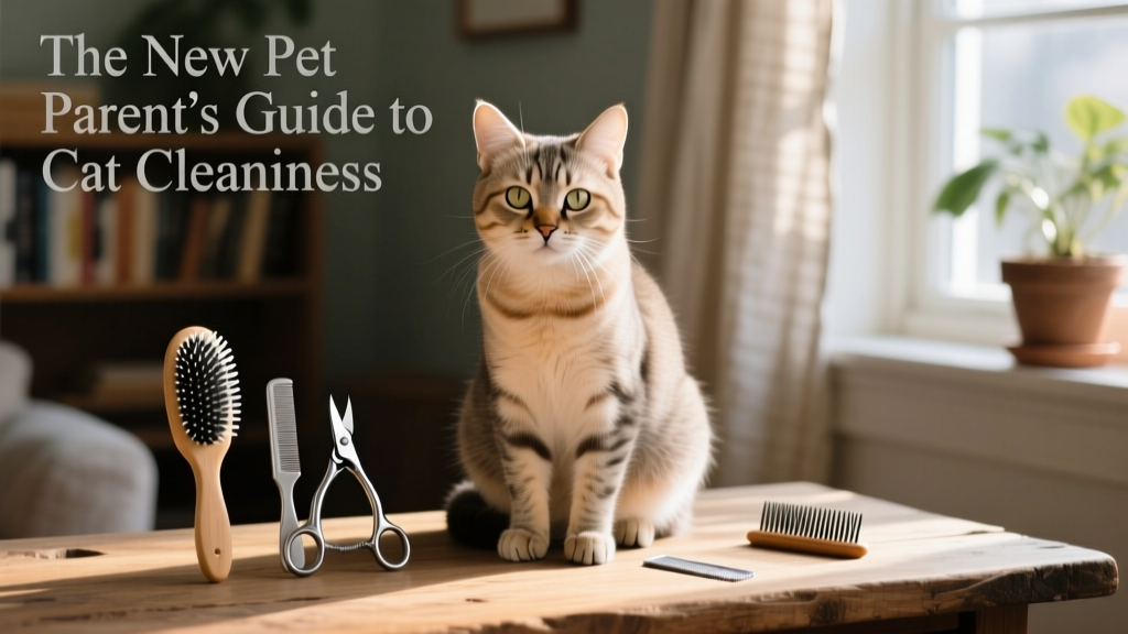A calm, well-groomed short-haired cat sitting beside grooming tools like a brush and nail clippers