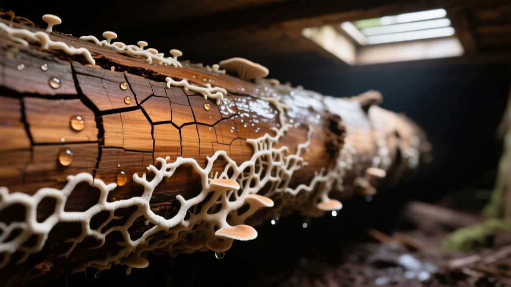 Close-up of brown rot fungus degrading a Douglas fir timber beam, showing cubical cracking and white mycelium in a damp crawlspace