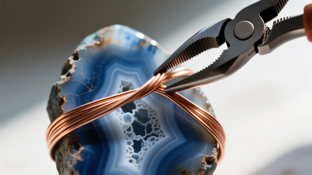 Close-up of 20-gauge dead-soft copper wire being woven around a rough blue lace agate stone using round-nose pliers