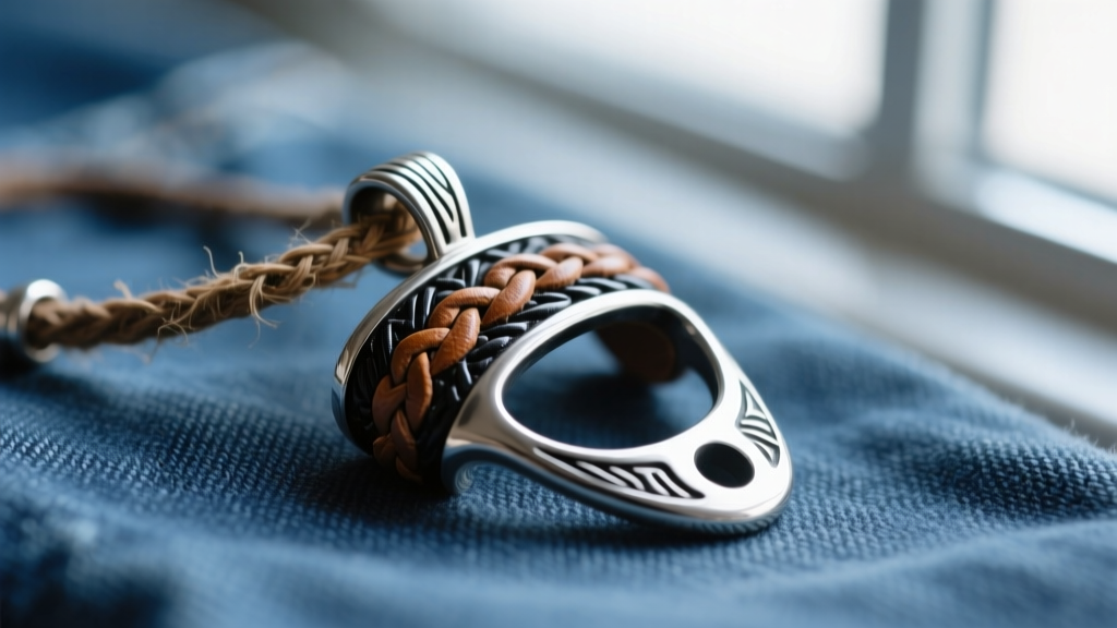 Close-up of a hand-stamped silver spur shank pendant with deep oxidized grooves and braided leather inlay on a denim background.