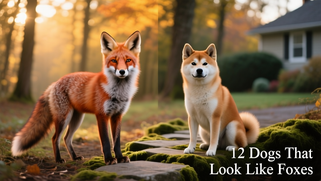 Side-by-side comparison of a red fox and a Shiba Inu, highlighting similar facial structure and bushy tail